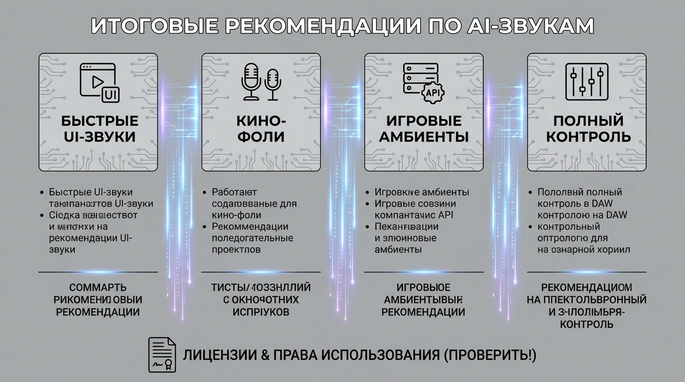 Итоговая инфографика с практическими рекомендациями по выбору инструментов для генерации AI-звуков и юридической осторожности.