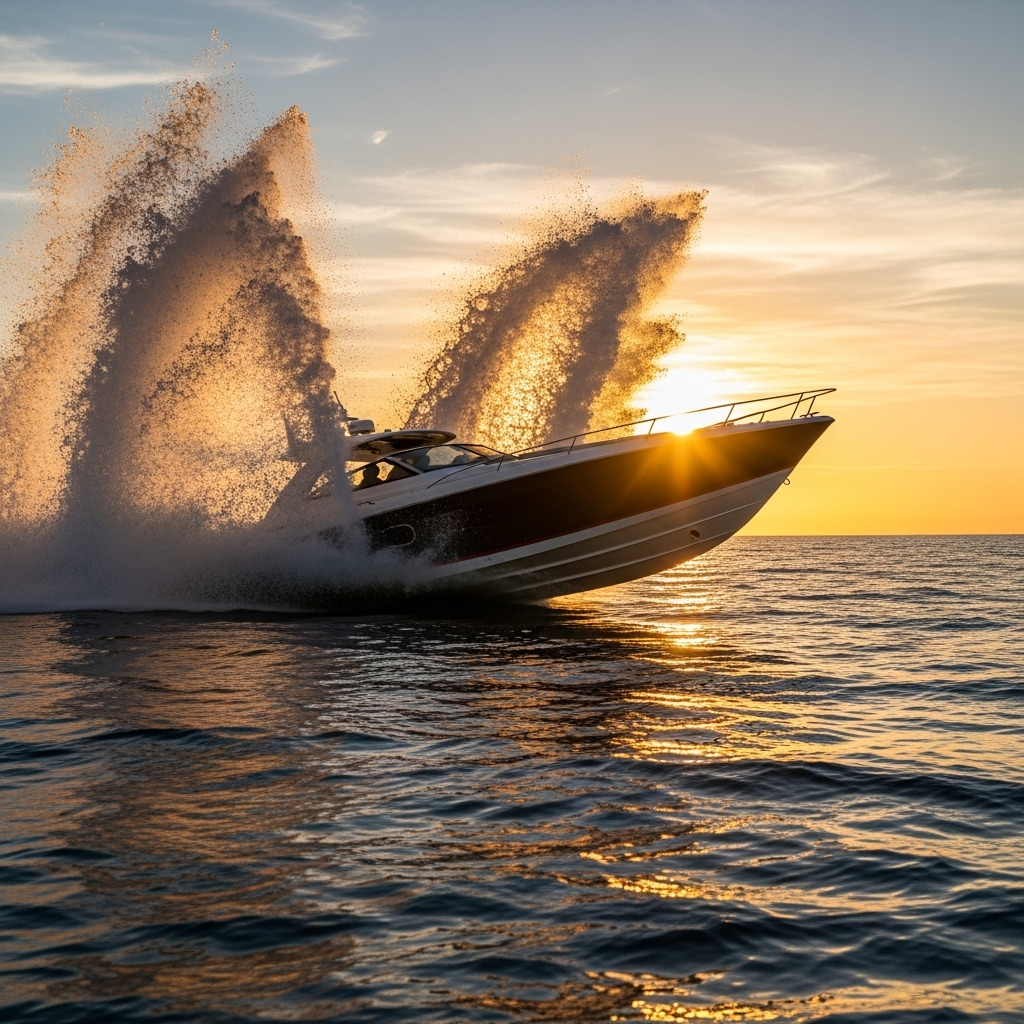 Роскошная яхта на закате, создающая брызги — идеальное изображение для рекламы отдыха, путешествий и премиальных услуг.