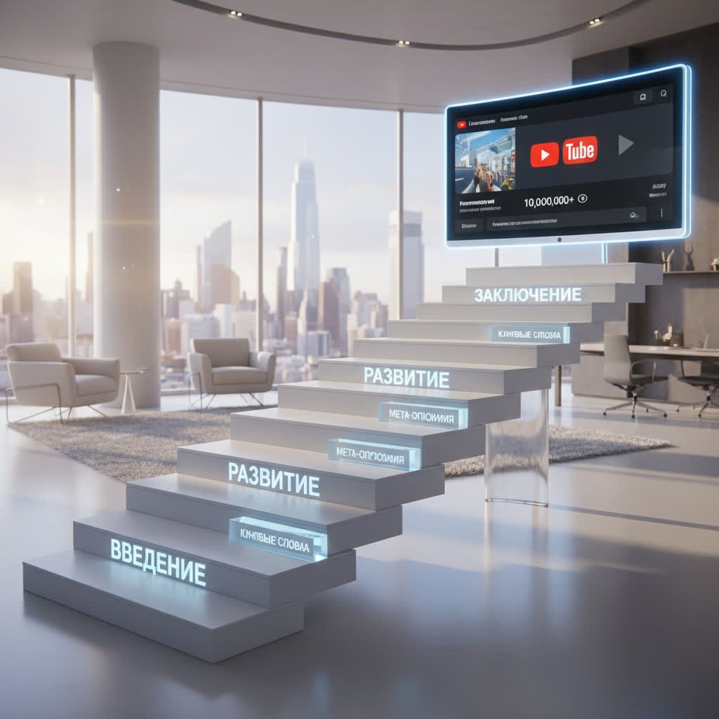 Сценарий как фундамент YouTube-видео, структурированная лестница с этапами сценария, SEO-оптимизация, профессиональный подход к контенту, Vlex AI.