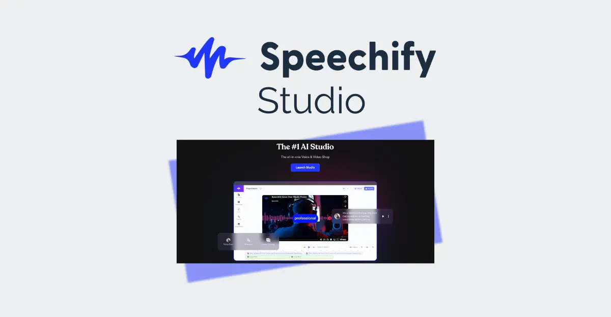 промо графика speechify studio логотип интерфейс редактирования аудио видео превью таймлайн инструменты искусственный интеллект создание контента современный дизайн