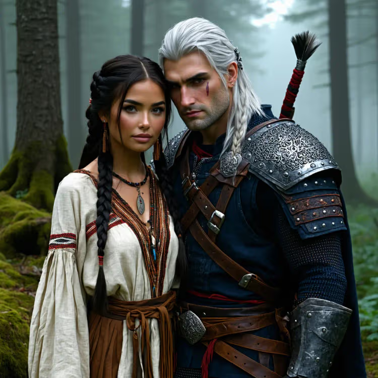два человека в лесу один в традиционной одежде с вышивкой другой в фантастической броне с мечом туман деревья атмосферная сцена стиль фэнтези