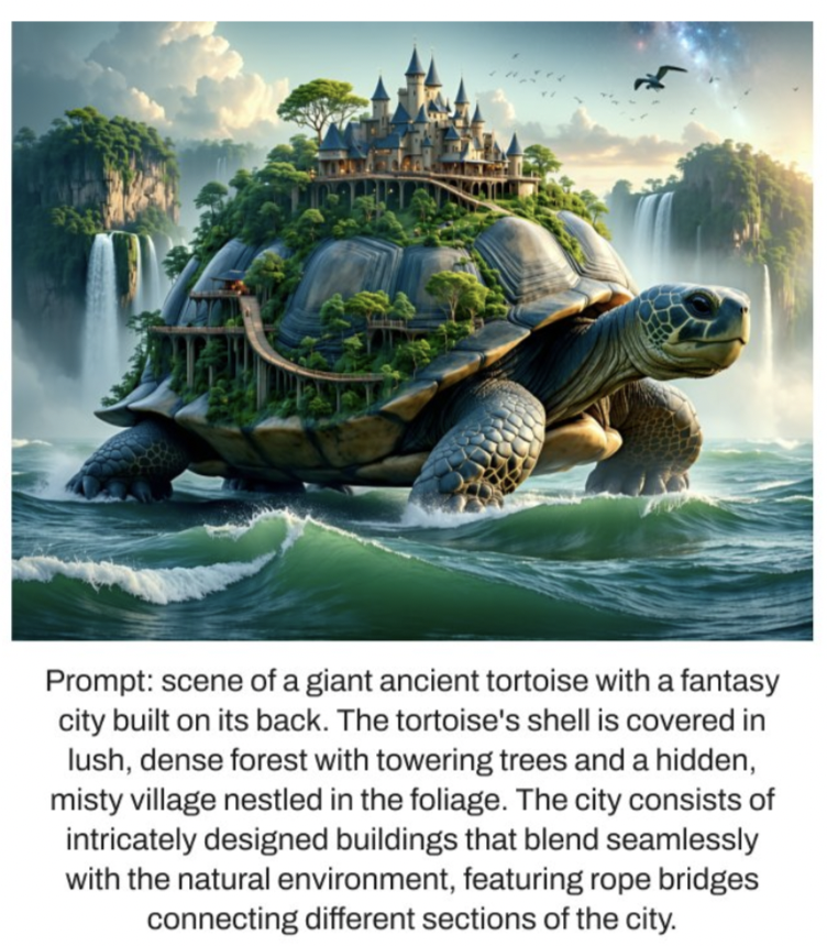 гигантская черепаха с фантастическим городом на спине густой лес туманный поселок водопады канаты между зданиями магическая атмосфера сказочный пейзаж