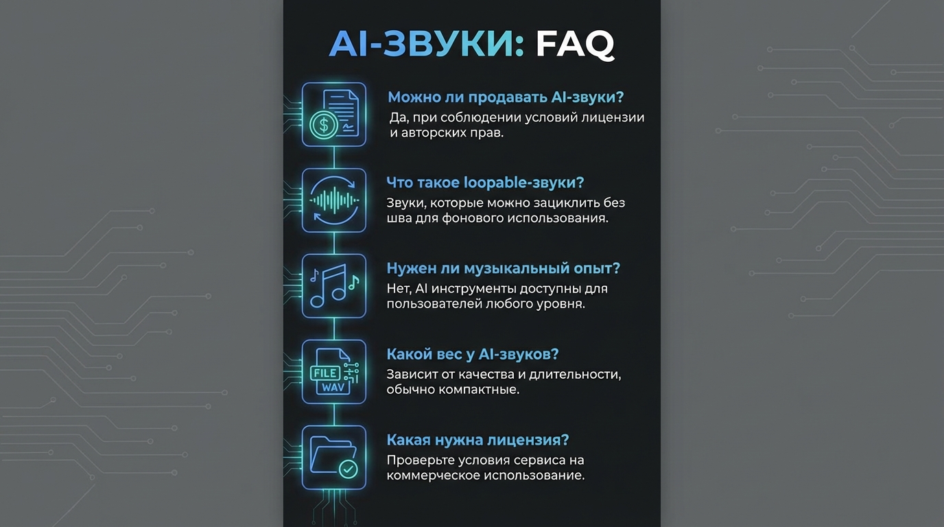 Инфографика с часто задаваемыми вопросами о генерации и лицензировании AI-звуков.