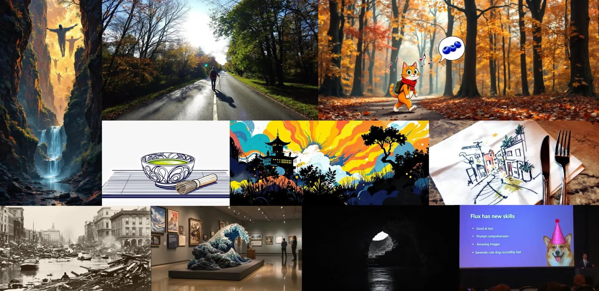 Коллаж из сцен с каньоном водопадом велосипедистом осенним лесом мультяшным лисом тарелкой супа фантастическим замком городским скетчем военным фото музеем с волной и туннелем визуальное разнообразие искусства и истории