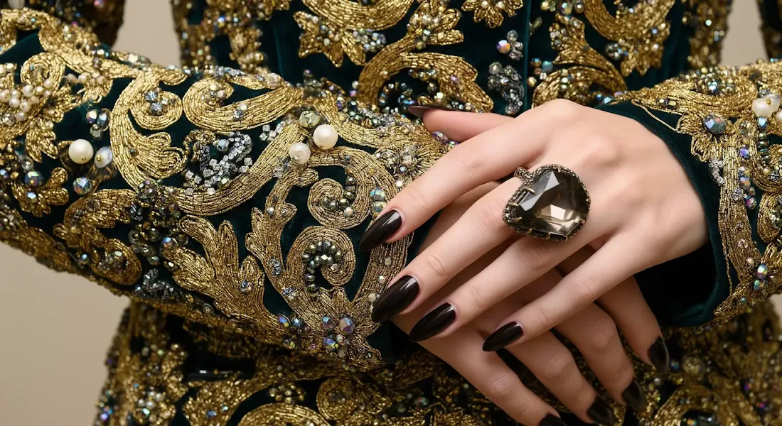 Скрещенные руки в темно-зеленом бархатном наряде с золотой вышивкой жемчугом и камнями черный маникюр кольцо с темным камнем роскошный стиль внимание к деталям модный образ