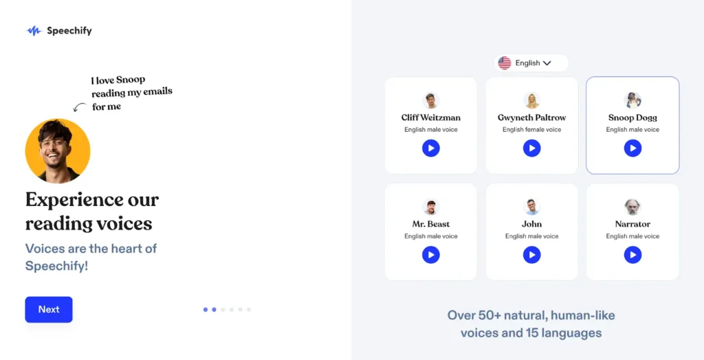 пользовательский отзыв о speechify человек с улыбкой надпись snoop читает мои письма выбор голосов gwyneth paltrow snoop dogg mr beast более 50 голосов и 15 языков кнопка далее темный фон яркий текст