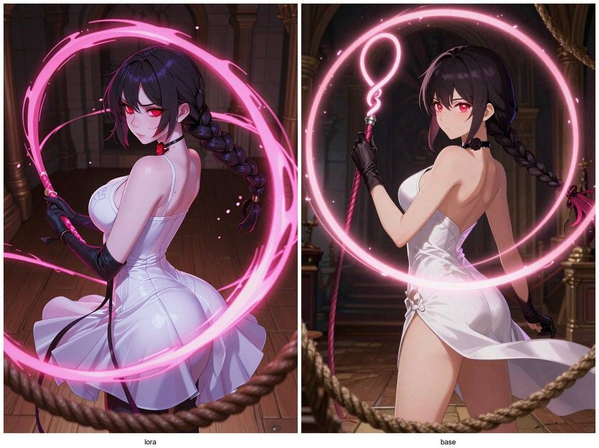 Сравнение двух аниме-персонажей с розовым светящимся хлыстом; выделены различия в лицах и деталях одежды между версией "lora" и "base".