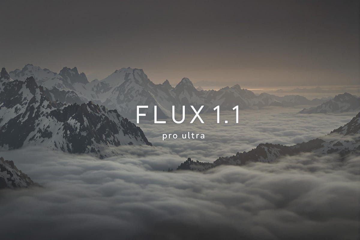 Заснеженные горные вершины над облаками мягкий свет восхода или заката надпись FLUX 1.1 pro ultra драматичный пейзаж природная мощь и спокойствие
