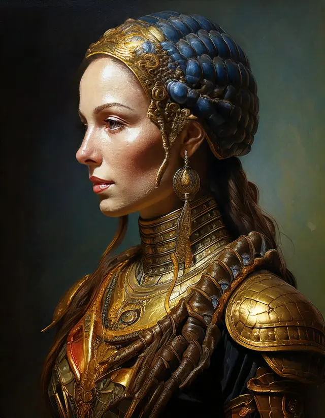 Профиль женщины в фантастических доспехах с золотыми украшениями и синим головным убором реалистичное лицо художественный стиль тема силы и благородства