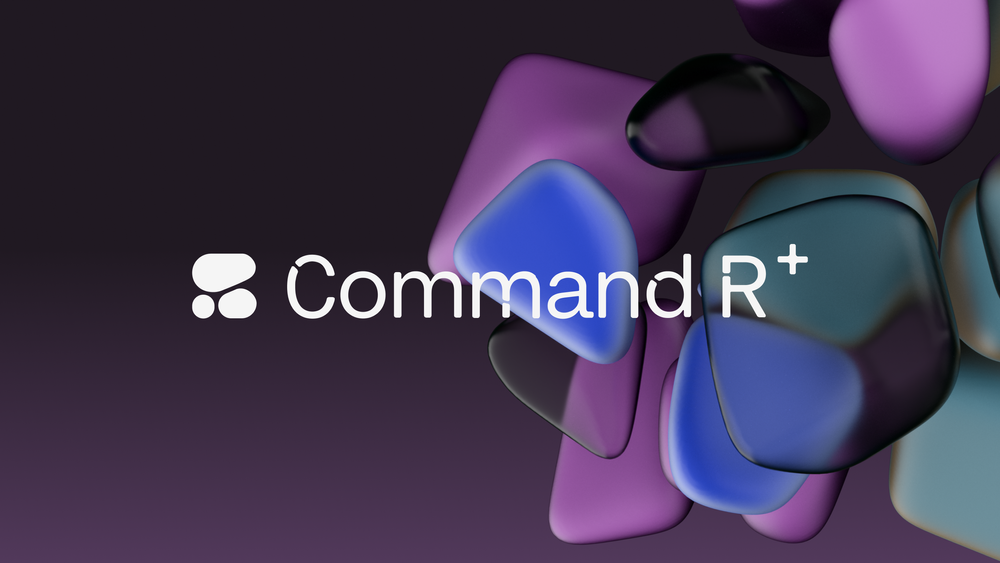 Логотип Command R⁺ на темном фоне с абстрактными 3D формами фиолетового синего и черного цвета современный дизайн технология инновации визуальный брендинг