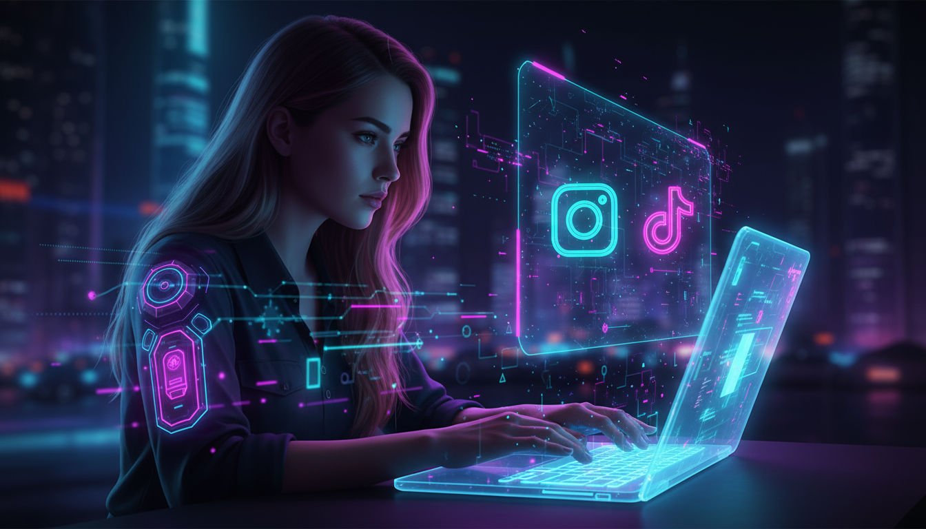 Личный ai-ассистент Vlex AI создает вирусные сценарии Reels и TikTok — иллюстрация с маркетологом и неоновыми соцсетями