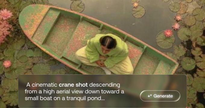 Кинематографичный кран-шот над лодкой на пруду с лилиями — пример генерации видео AI