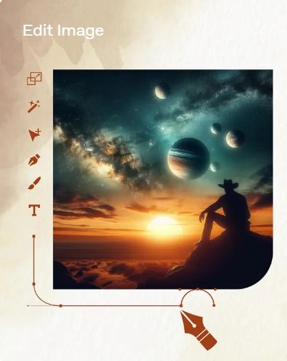 Силуэт человека в ковбойской шляпе на фоне заката и космоса планеты звезды туманности фантастический пейзаж редактирование изображения интерфейс искусственный интеллект