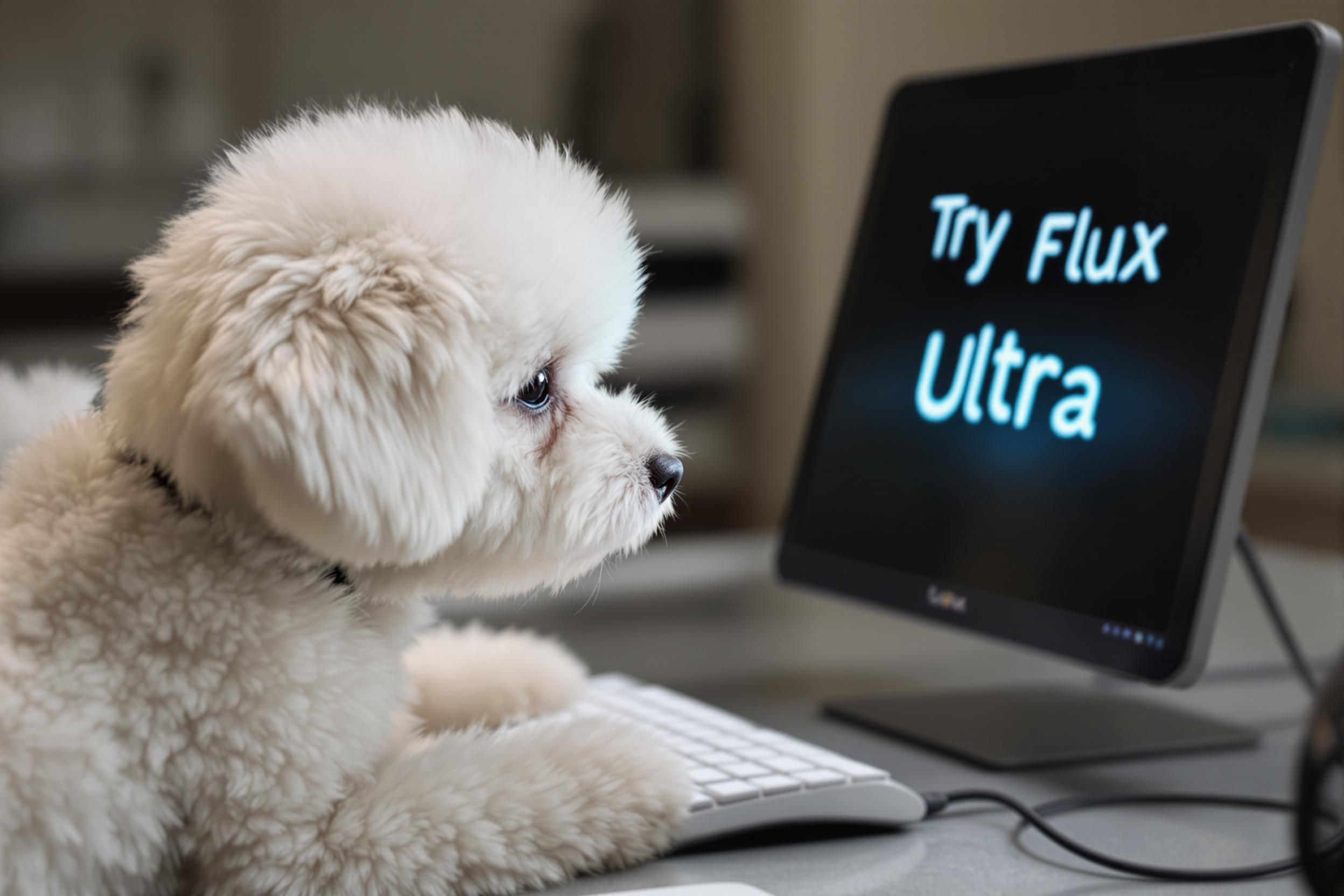 Белая пушистая собака за компьютером смотрит на монитор с надписью Try Flux Ultra домашняя обстановка юмористический образ технологии и животные