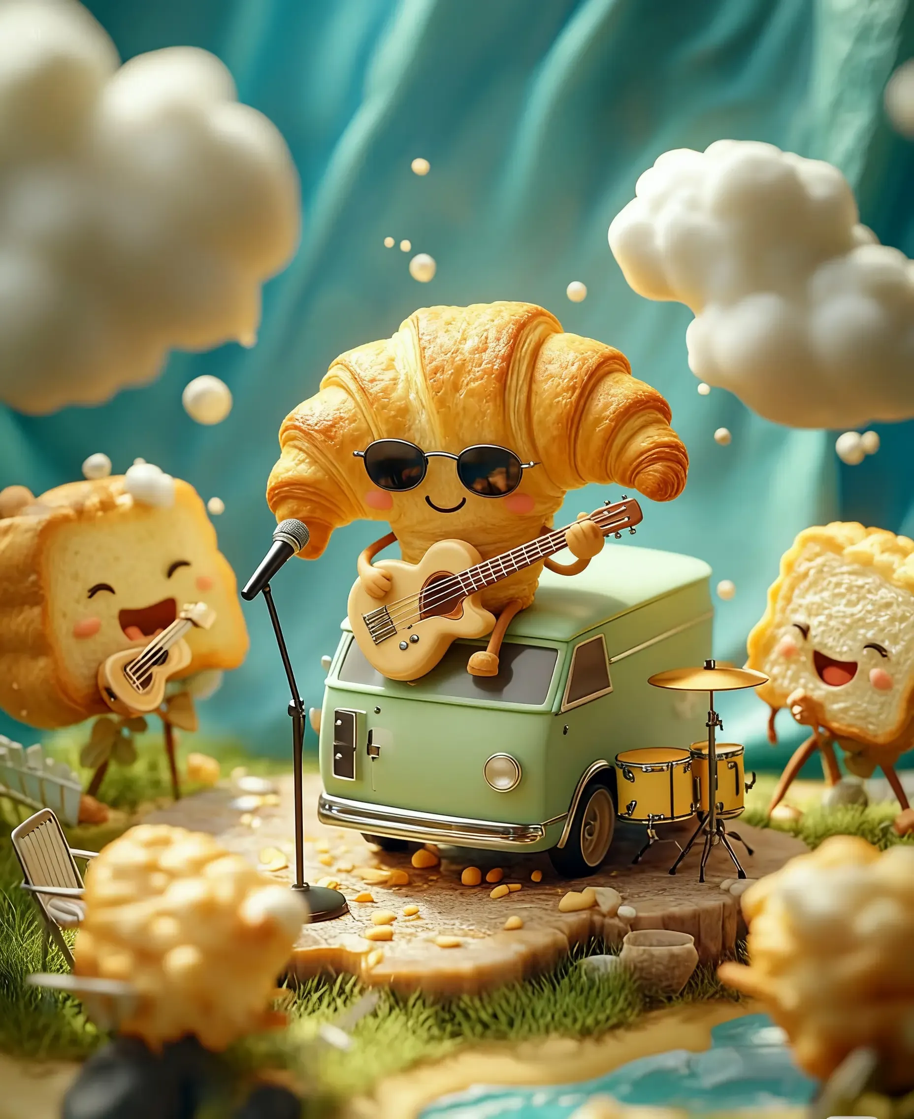 Милый круассан в солнцезащитных очках играет на гитаре на крыше минивэна — пример творческой генерации ИИ для бренд-контента и рекламы.