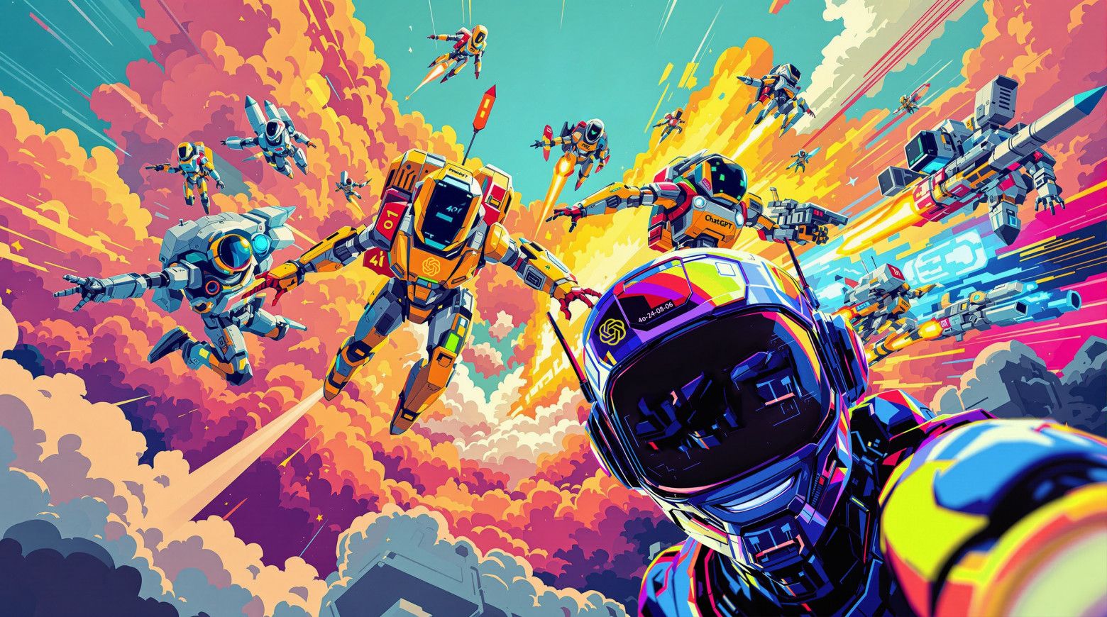 Футуристическая сцена с роботами и астронавтами в космосе боевые действия яркие облака взрывы неоновая палитра киберпанк стиль селфи в скафандре динамичная иллюстрация