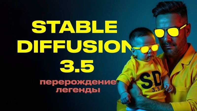 мужчина и ребенок в желтой одежде и очках надпись stable diffusion 3.5 перерождение легенды темный фон стильная презентация ai модели