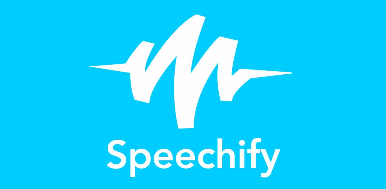 логотип speechify белая звуковая волна на синем фоне надпись speechify приложение для озвучивания текста современный дизайн искусственный интеллект