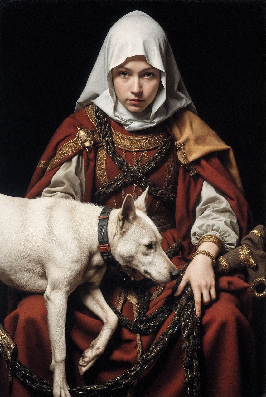 Человек в средневековом наряде с белой собакой на фоне темного фона красная мантия золотые украшения исторический стиль спокойная сцена иконографический образ