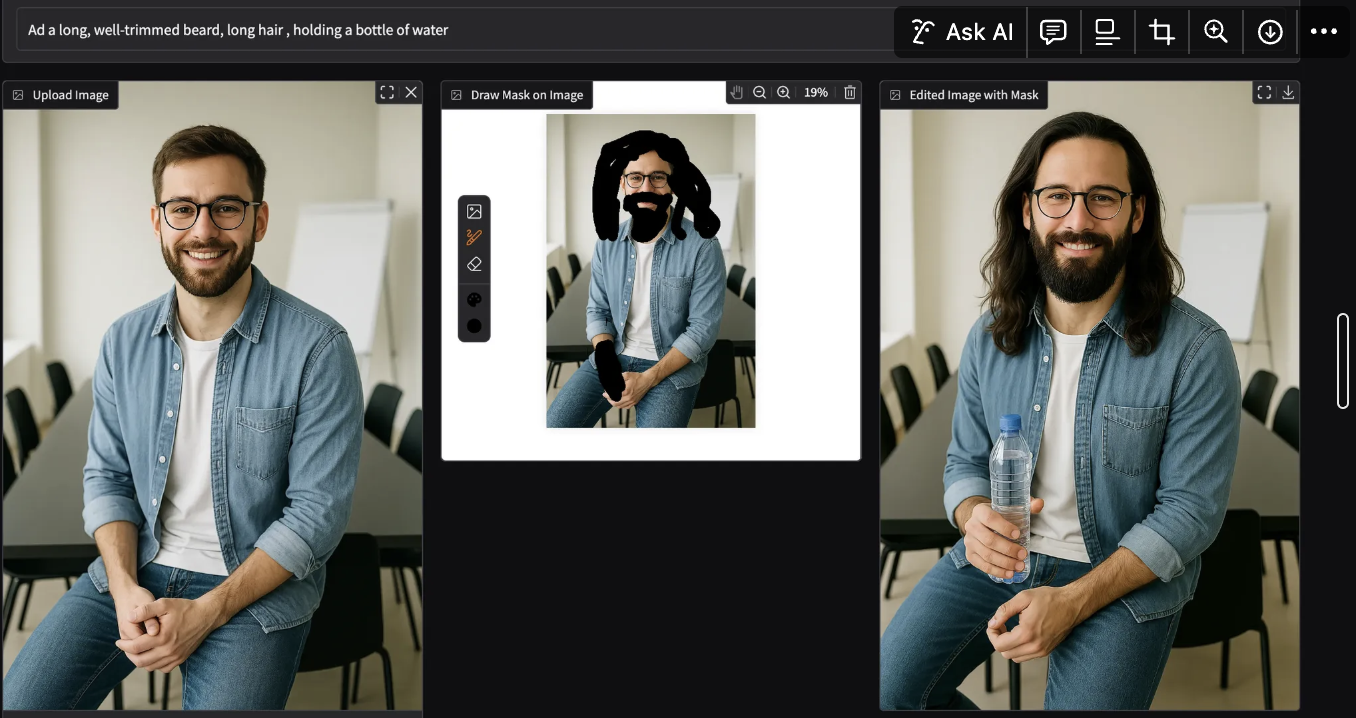 Три фотографии мужчины до и после обработки изображений изменение прически и бороды улучшение внешности с помощью искусственного интеллекта визуальное сравнение моделей