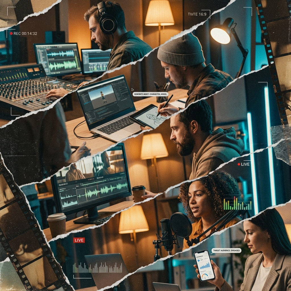 Коллаж саунд-дизайнер, геймдев-разработчик, режиссёр, подкастер и маркетолог в рабочей студии