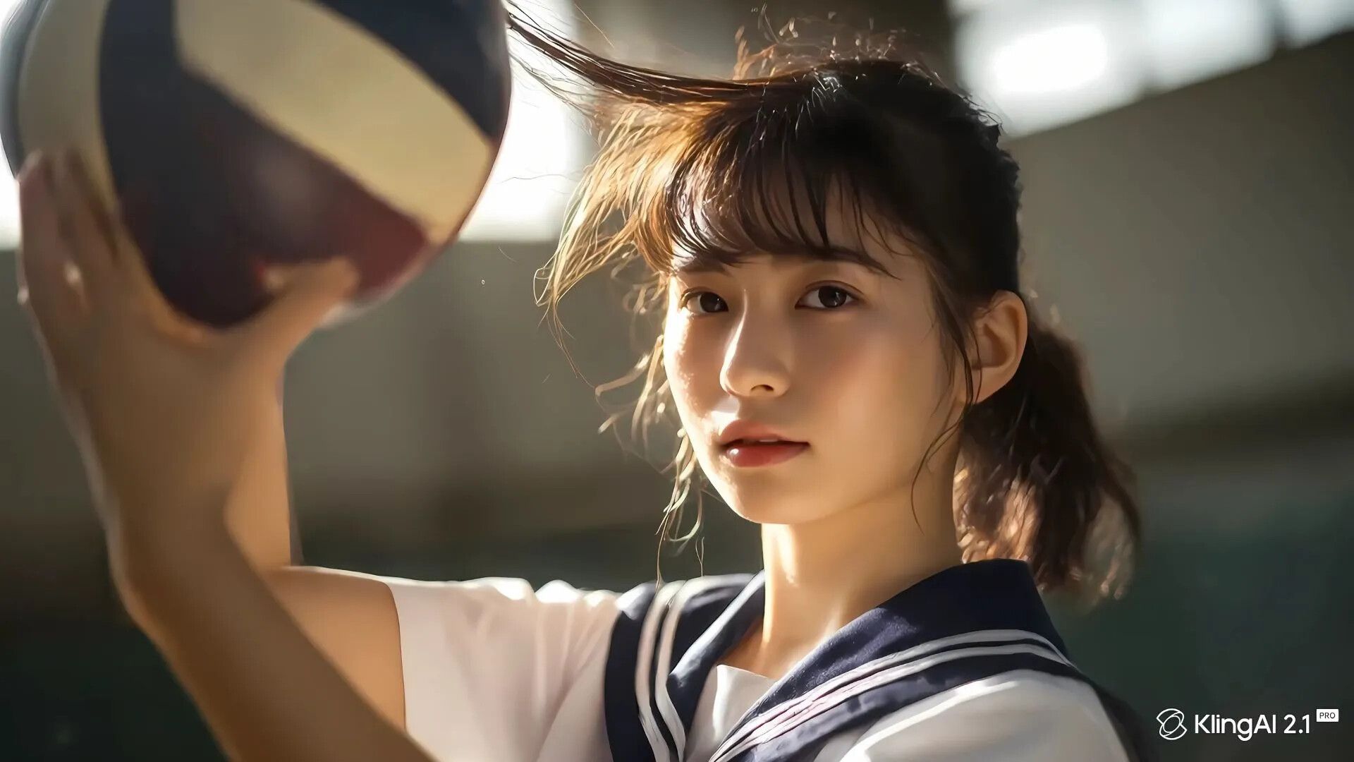 Генерация Kling азиатская девушка с баскетбольным мячом