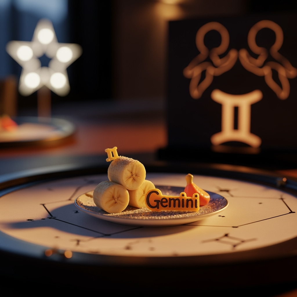 Знак зодиака Близнецы тарелка с бананами астрологическая символика звездная карта светящиеся фигуры темный фон художественное оформление астрология и еда