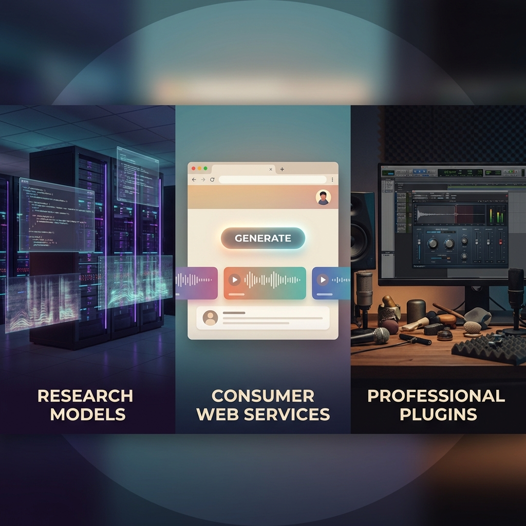 Три панели research-лаборатория, веб-сервис, профессиональный плагин в DAW.