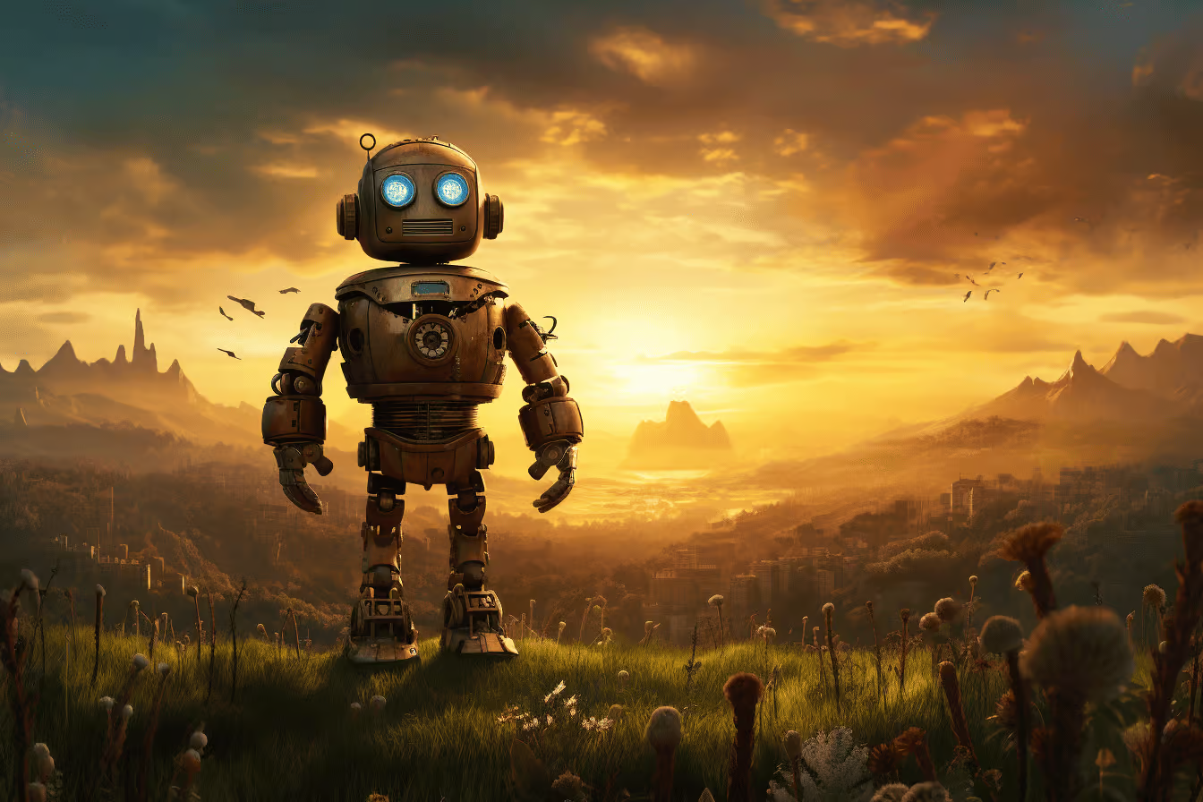 Гуманоидный робот с голубыми глазами стоит на траве на фоне заката долина горы здания птицы в небе сочетание технологий и природы футуристический пейзаж