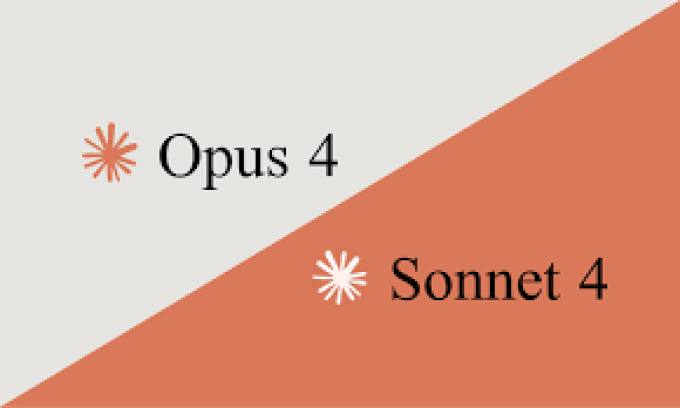 Сравнение Opus 4 и Sonnet 4 стилизованные символы на сером и терракотовом фоне визуальное сопоставление моделей искусственного интеллекта минималистичный дизайн