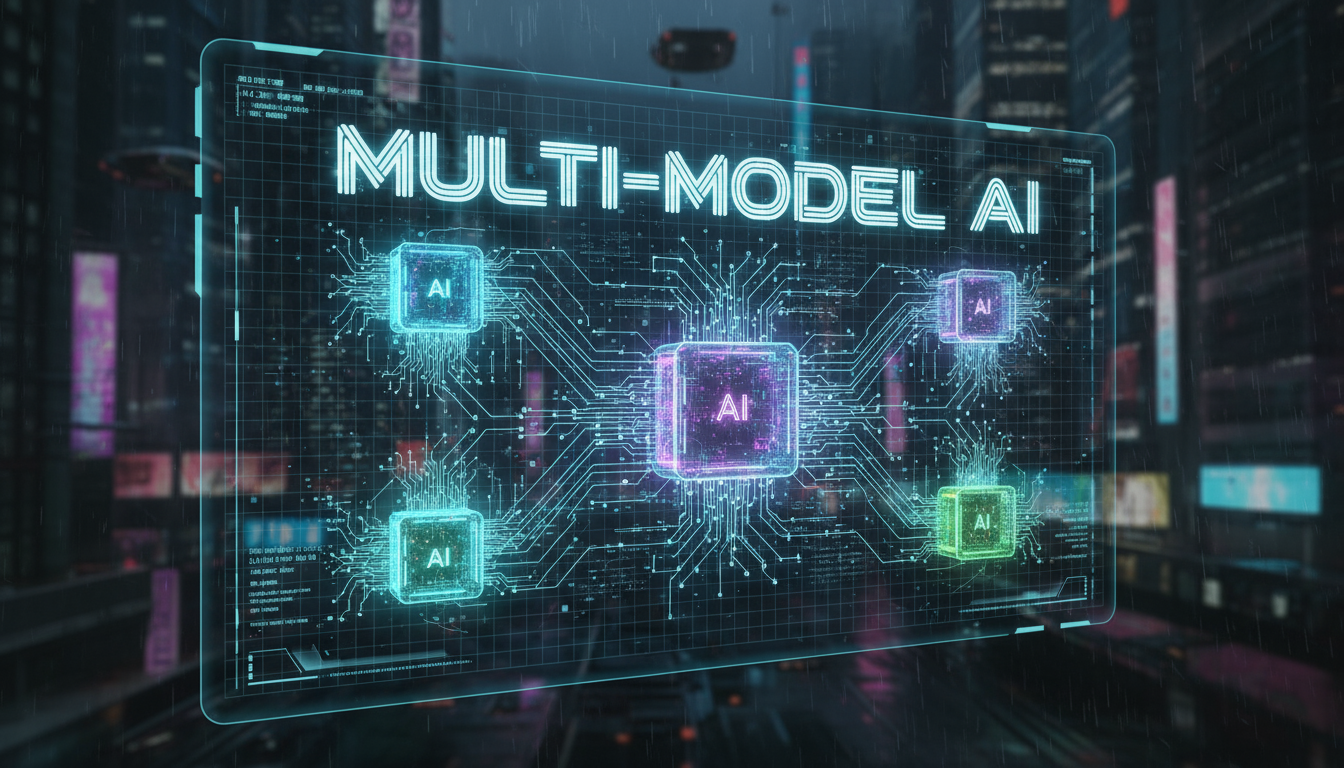 логотип multi model ai центральный процессор с подключенными модулями разноцветные блоки искусственного интеллекта светящиеся линии киберпанк город неон дождь футуристический интерфейс