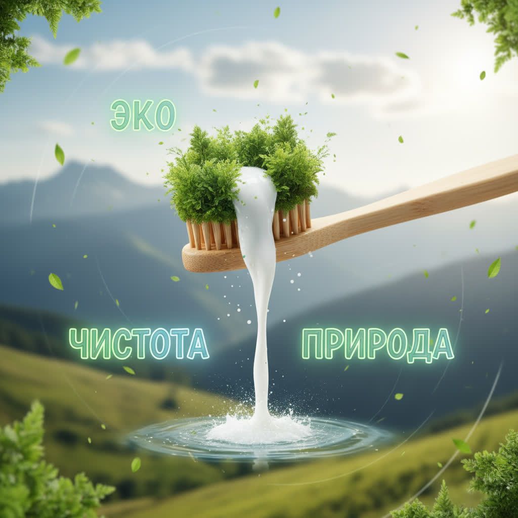 Пример креатива для рекламы экологичной зубной пасты, сгенерированный Vlex AI, визуал и посыл.