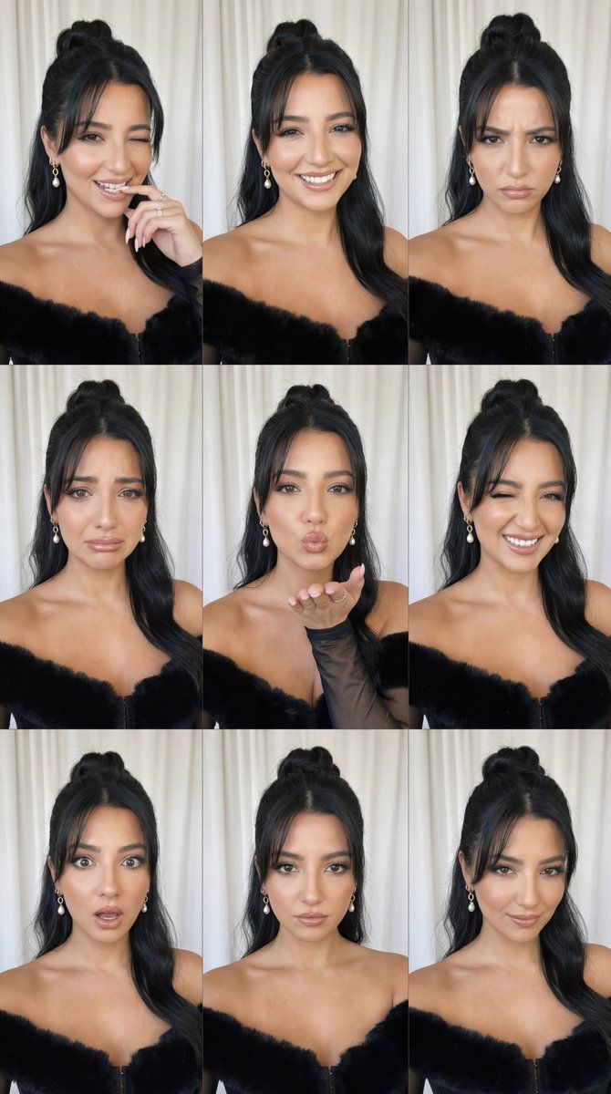  Девять портретов одного человека с размытым лицом, в черном наряде с меховой отделкой, выделены жесты рук и аксессуары.