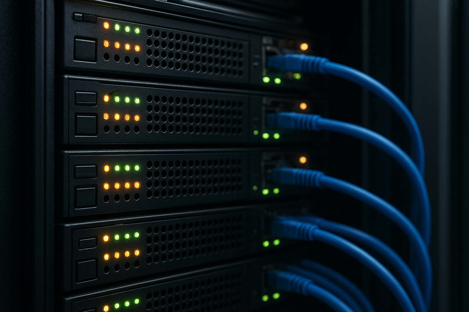 Серверный шкаф с сетевыми коммутаторами светодиодные индикаторы зеленого и янтарного цвета синие Ethernet кабели активные подключения инфраструктура дата-центра аппаратное обеспечение сети
