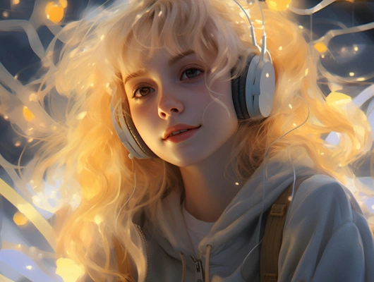 человек с длинными светлыми волосами в наушниках светлая толстовка фон с гирляндами теплое освещение расслабленное выражение лица прослушивание музыки атмосферная сцена
