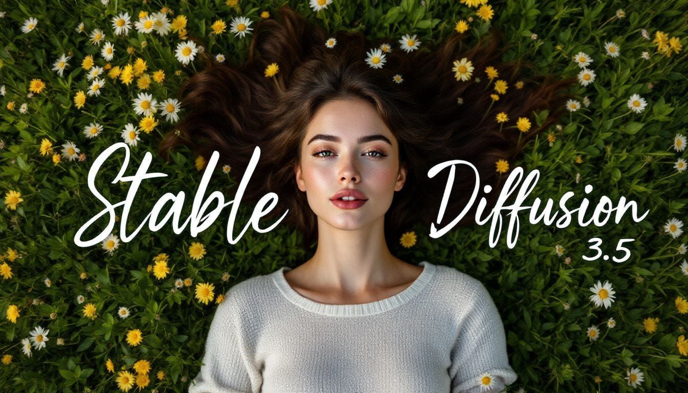 женщина лежит на траве среди ромашек белый свитер длинные волосы нейтральное выражение лица надпись stable diffusion 3.5 курсивный шрифт природная эстетика