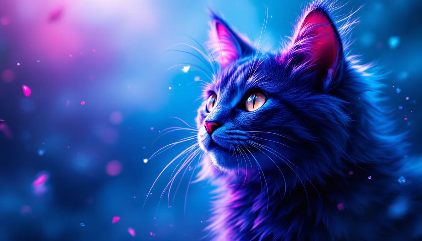 Пушистый кот с золотыми глазами в ярком освещении синих розовых и фиолетовых оттенков волшебная атмосфера светящиеся частицы и лепестки фантастический образ