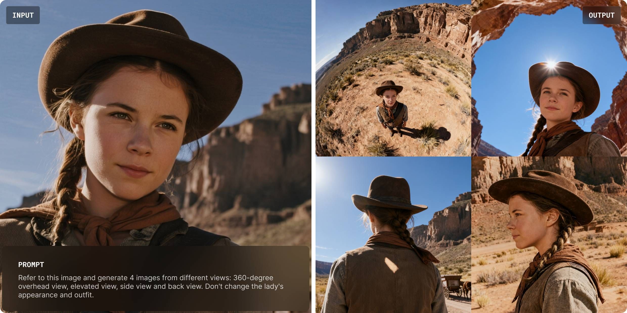 Как AI оживляет фото: на входе — портрет девушки в шляпе, на выходе — 4 динамичных ракурса в пустыне. Пример работы нейросети по генерации видео и изображений
