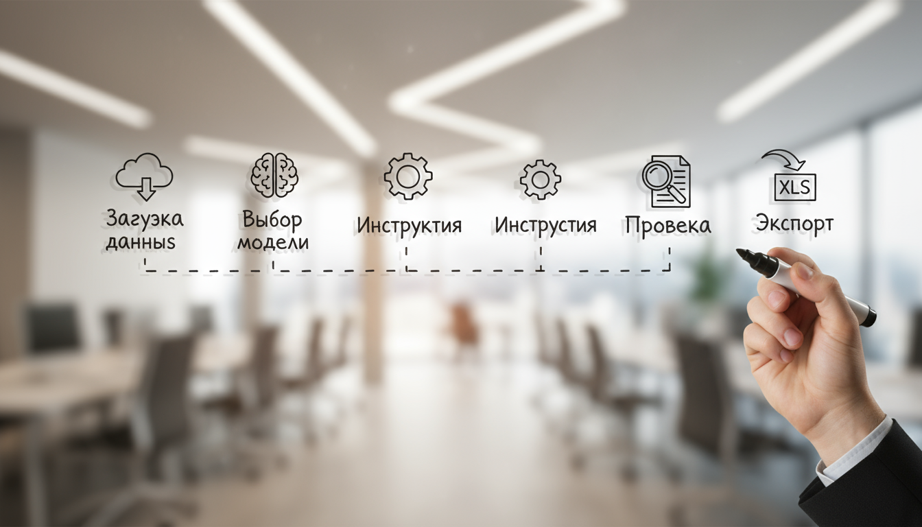 офисная обстановка с конференц столами и стульями рука с маркером указывает на этапы процесса загрузка данных выбор модели инструкция проверка экспорт иконки облака мозга шестеренки документа xls цифровой рабочий процесс