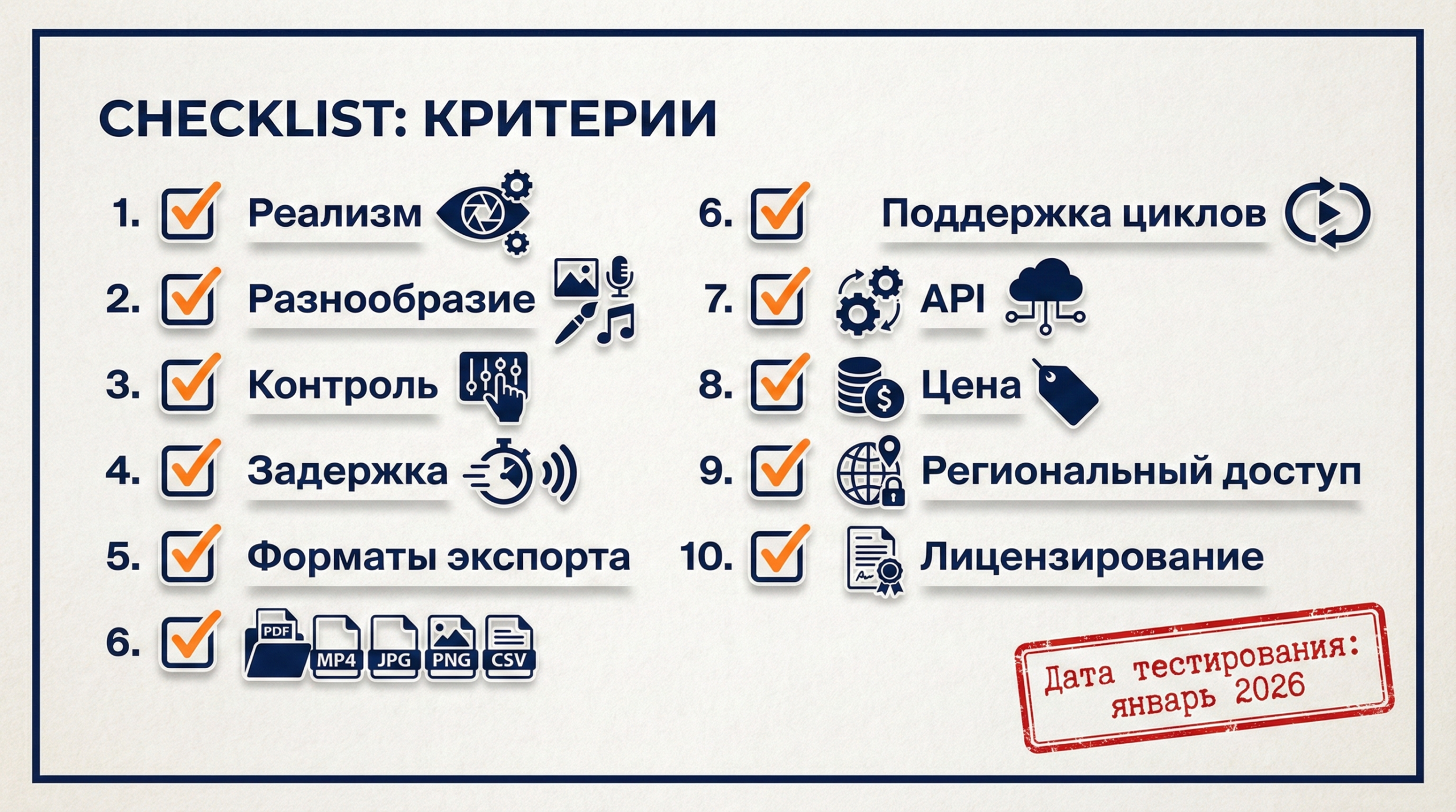Плакат-чеклист с иконками критериев тестирования и пометкой 'январь 2026'