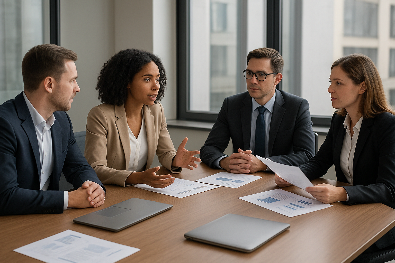 Деловая встреча в офисе четыре человека за столом обсуждение документов графики ноутбуки профессиональная обстановка большие окна вид на город