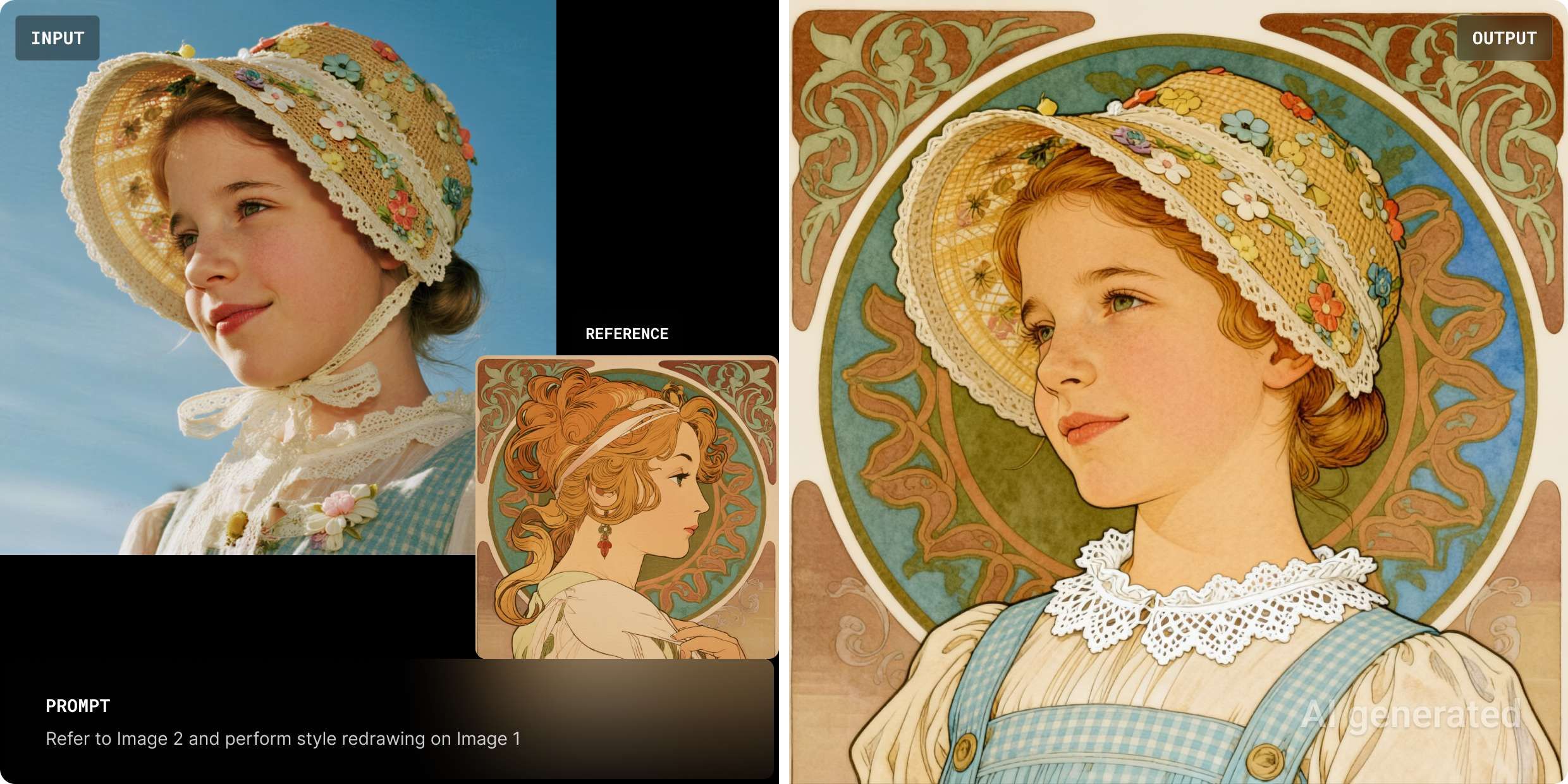 Как ИИ перерисовывает фото в стиле ар-нуво: на входе — портрет девочки, на выходе — художественная иллюстрация с орнаментом. Пример работы нейросети по стилизации изображений