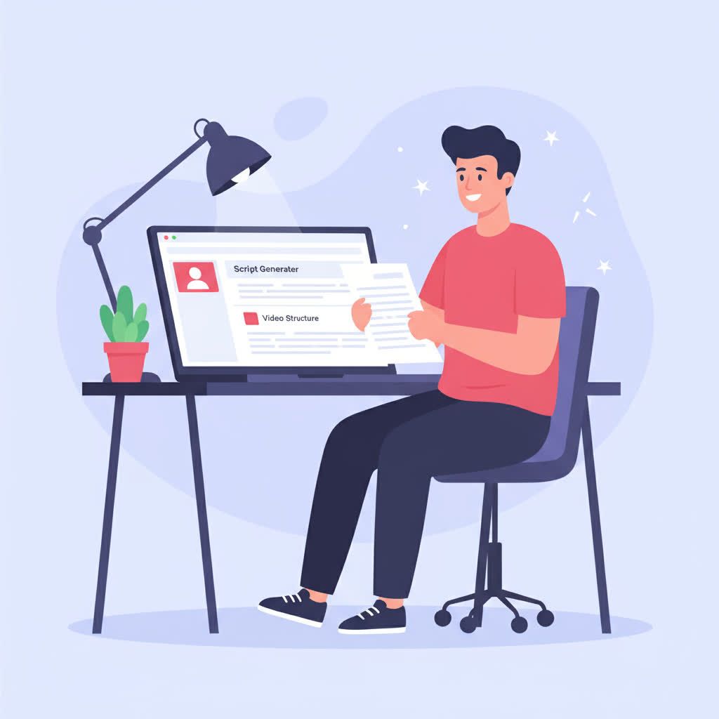 Блогер использует AI-генератор сценариев Vlex AI для преодоления творческого кризиса, современный офисный интерьер, цифровой инструмент для YouTube, экономия времени, профессиональный контент