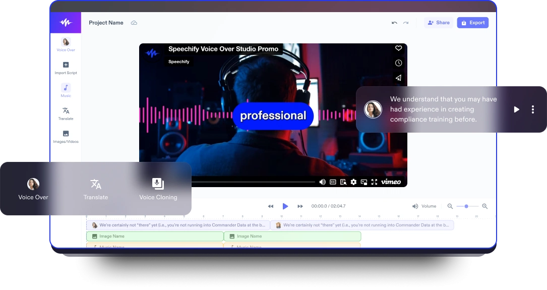интерфейс программы озвучивания видео человек в наушниках студийное оборудование надпись professional таймлайн с аудиодорожкой voice over voice cloning редактирование мультимедиа