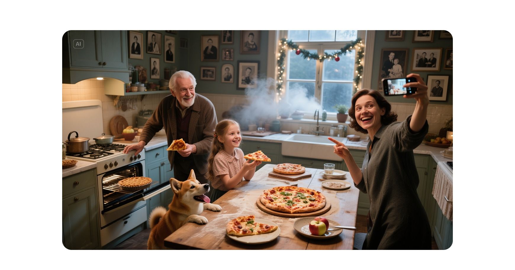 Семейный ужин в уютной кухне: бабушка, мама и дочка с пиццей и пирогом, собака смотрит на еду. Идеальное фото для семейного блога или рекламы продуктов питания
