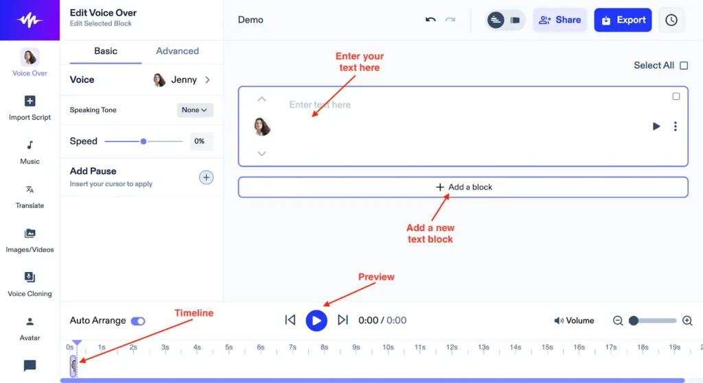 интерфейс редактирования озвучки голос jenny настройки скорости и пауз текстовые блоки таймлайн с секундами кнопки предпросмотра и экспорта аннотации демонстрация работы программы