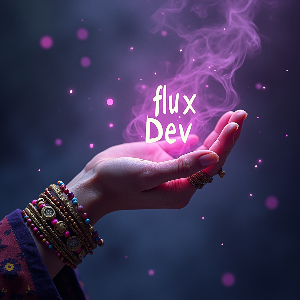 Рука с яркими браслетами и кольцами над которой парит светящаяся дымка с надписью flux Dev темный фон магическая энергия сочетание традиций и технологий