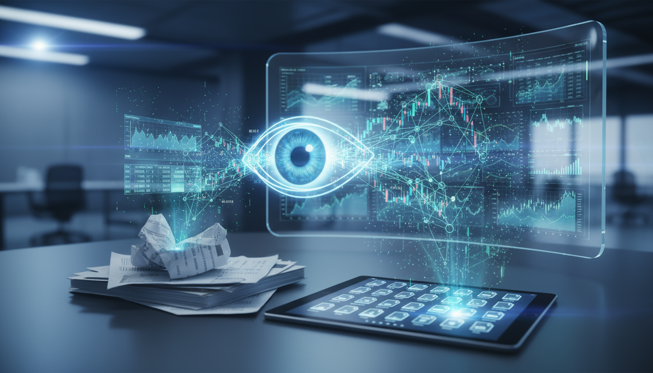 футуристический офис цифровой глаз голографические графики диаграммы числовые данные планшет с приложениями сканирование документов дополненная реальность искусственный интеллект анализ информации