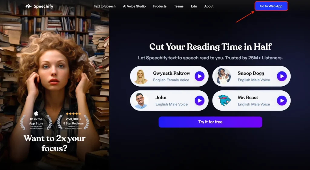 женщина с рыжими кудрями и книгами логотип speechify надпись сократи время чтения вдвое голоса gwyneth paltrow snoop dogg john mr beast кнопка попробовать бесплатно интерфейс сайта чтение документов и статей