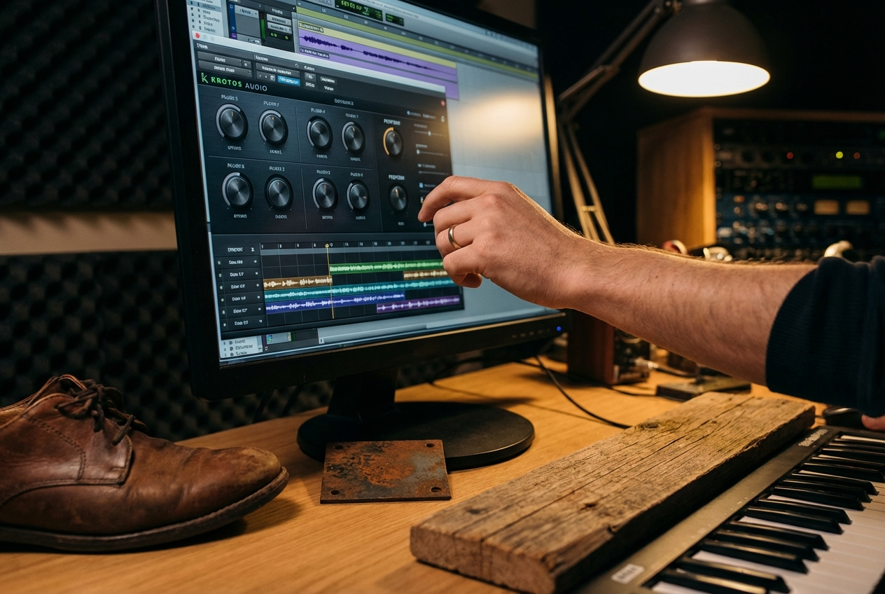 DAW с плагином Krotos GUI, MIDI-контроллинг и фоли-предметы на столе.